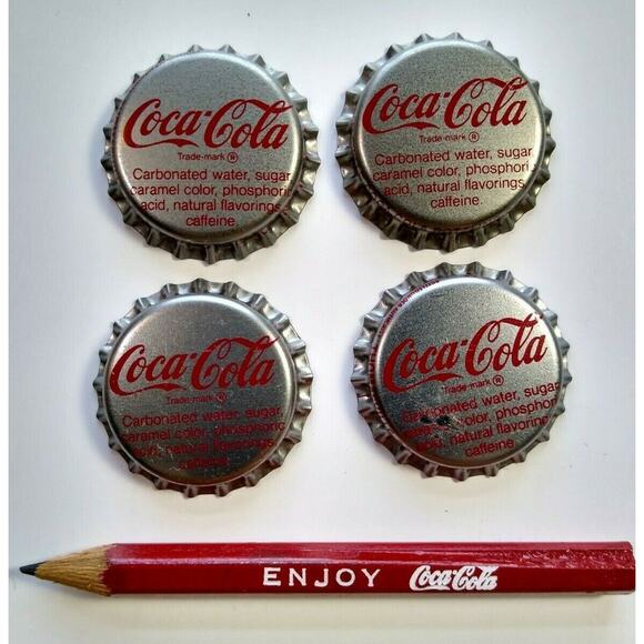 Coca-Cola Fishtale Pencil 1950's - 1960's NOS & 4 Soda Pop Bottle Caps Fish Tale - Picture 1 of 4